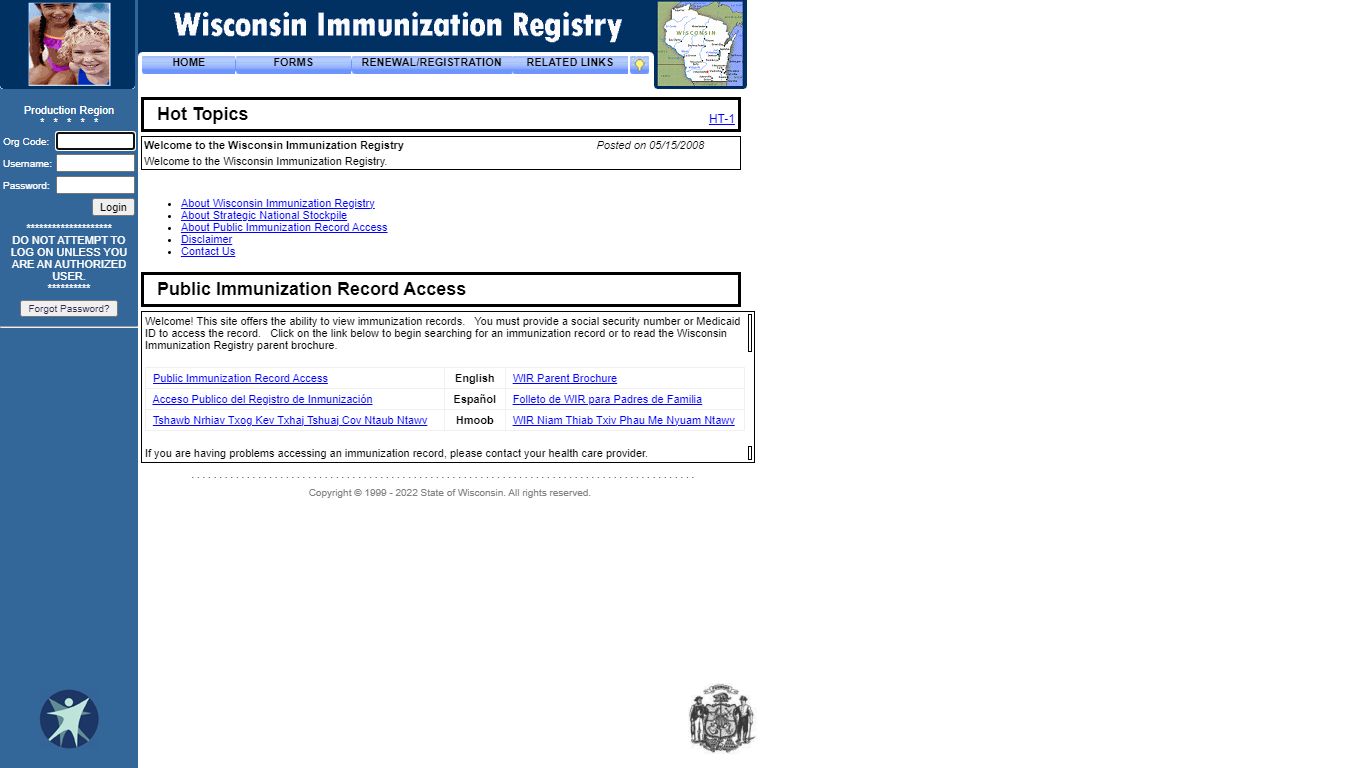 Wisconsin Immunization Registry .. [Portal Main Page]